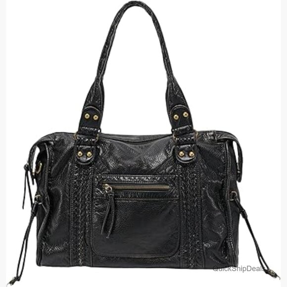 Large Retro Washed Leather Crossbody Hobo Bag with Zipper Pockets